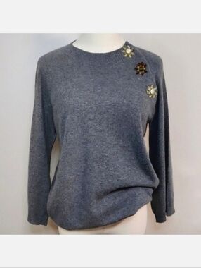 Valentino Grey Wool Sweater W/ Crystal Flowers, Size L ~ Like New